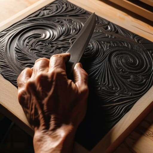 Bold Lino-cutting relief printmaking strokes.